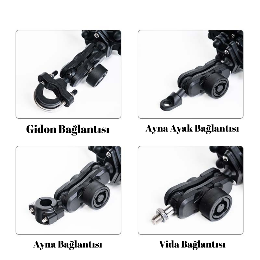 AYNA BAĞLANTILI MOTOSİKLET TELEFON TUTUCU APARATI – 10MM DELİKLİ MONTAJ APARATI